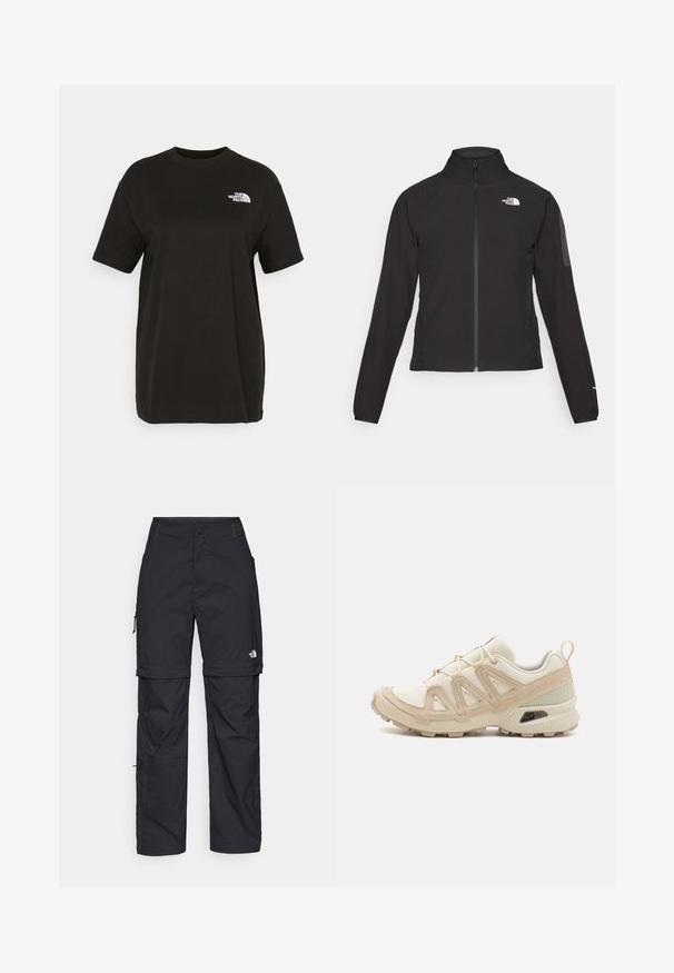 Melna ar rāvējslēdzēju aizdara jaka ar augstu apkakli, teksturētu audumu un logotipu kreisajā krūtī. Satur garas piedurknes un pieguļošu dizainu.; Melnas kokvilnas T-krekls ar īsām piedurknēm, apļveida kakla izgriezumu un mazu baltu logotipu kreisajā krūtī. Gluda tekstūra, brīvs piegriezums.; Melni nailona bikses ar noņemamām kājām, regulējamiem uzmavām, vairākām kabatām un logotipu uz labās kājas. Gluda, viegla tekstūra.; Beige un krēma sporta apavi ar strukturētu tīkla virsmu, atbalstošajiem slāņiem un gumijas zoli ar protektoru rakstu, kas nodrošina saķeri.