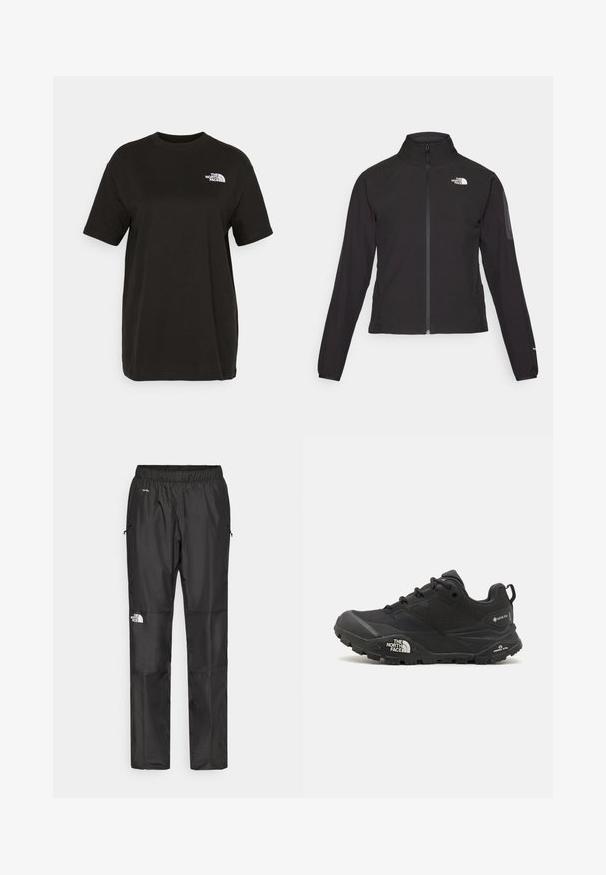 Crna jakna na zip s visokim ovratnikom, teksturirana tkanina i logotip na lijevoj strani prsiju. Ima duge rukave i uski kroj.; Crna pamučna majica kratkih rukava, s okruglim izrezom i malim bijelim logotipom na lijevoj strani prsnog koša. Glatka tekstura, opušteni kroj.; Crne vodootporne hlače napravljene od lagane tkanine, s elastičnim pojasom, bočnim džepovima i logotipom na lijevoj nozi.; Crne planinarske cipele s teksturiranim gornjim dijelom, zatvaranjem na vezivanje i debelim gumenim potplatom koji sadrži istaknuti logo na strani i uzorke na gaznom sloju.
