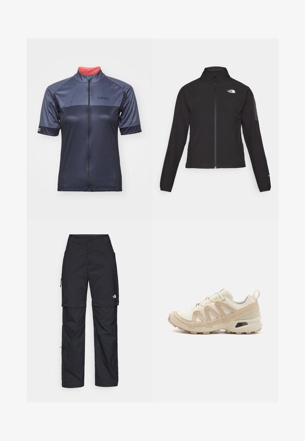 Sort zip-jacket med høj krave, struktureret stof og logo på venstre bryst. Har lange ærmer og en tætsiddende design.; Herre cykeltrøje i mørk marineblå med korte ærmer, en fuld frontlynlås og en kontrasterende koralfarvet indvendig krave. Mærkelogo på brystet.; Sorte nylon cargo bukser med lynlås, justerbare manchetter, flere lommer og et logo på højre ben. Glat, let tekstur.; Beige og creme atletiksko med struktureret mesh-overdel, støttende overlays og gummiyderside med et mønster for trækkraft.