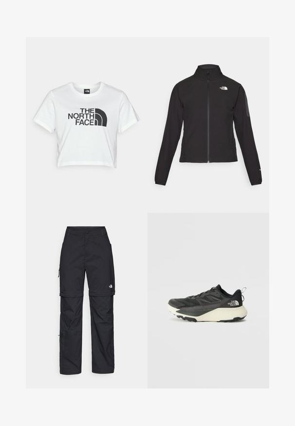 Juodas zip-up švarkas su aukšta apykakle, tekstūruotu audiniu ir logotipu kairėje krūtinės pusėje. Pasižymi ilgu rankovėmis ir prigludusia forma.; Balta trumpa džinsinė marškinėlių su iš medvilnės, priešakinėje pusėje puikuojasi didelis juodas "THE NORTH FACE" logotipas ir ikoniškas puslankio grafikas.; Juodos nailoninės krovinių kelnės su reguliuojamais rankovėmis, daugybe kišenių ir logo ant dešinės kojos. Lygi, lengva tekstūra.; Juodas sportinis batas su tekstūruota viršutine dalimi, su pilkomis detalėmis ir baltu viduriu. Apima pakėlimo juostelę ir ryškų prekės ženklo logotipą ant kulno.