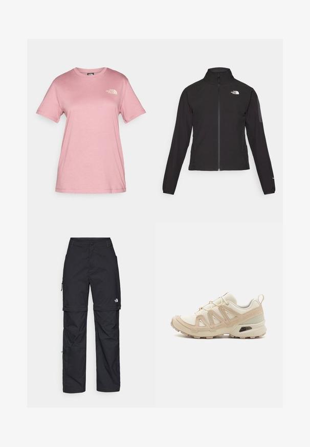 Melna ar rāvējslēdzēju aizdara jaka ar augstu apkakli, teksturētu audumu un logotipu kreisajā krūtī. Satur garas piedurknes un pieguļošu dizainu.; Gaiši rozā īsām piedurknēm T-krekls, izgatavots no mīksta kokvilnas, ar apaļu izgriezumu un nelielu balto "The North Face" logo krūtīs.; Melni nailona bikses ar noņemamām kājām, regulējamiem uzmavām, vairākām kabatām un logotipu uz labās kājas. Gluda, viegla tekstūra.; Beige un krēma sporta apavi ar strukturētu tīkla virsmu, atbalstošajiem slāņiem un gumijas zoli ar protektoru rakstu, kas nodrošina saķeri.