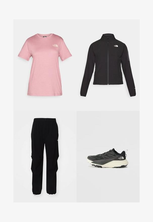 Čierna bunda na zips s vysokým golierom, textúrovanou tkaninou a logom na ľavej hrudi. Má dlhé rukávy a priliehavý strih.; Svetloružové tričko s krátkym rukávom z mäkkého bavlneného materiálu s okrúhlym výstrihom a malým bielym logom "The North Face" na hrudi.; Čierne vonkajšie nohavice vyrobené z odolného materiálu, s voľným strihom, elastickým pásom a sťahovacími manžetami pre nastaviteľnú dĺžku.; Čierna atletická obuv s textúrovaným vrchom, s šedými akcentmi a bielou medzipodrážkou. Obsahuje pútko a výrazné logo značky na päte.