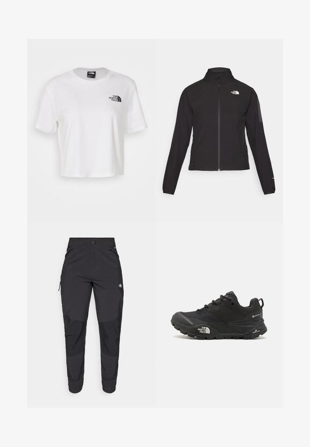 Crna jakna na zip s visokim ovratnikom, teksturirana tkanina i logotip na lijevoj strani prsiju. Ima duge rukave i uski kroj.; Bijela kratka majica od pamuka s okruglim izrezom i kratkim rukavima. Sadrži crni logo na lijevoj strani prsnog koša.; Crne vanjske hlače izrađene od izdržljivog materijala. Imaju džepove sa zatvaračem, ojačane paneli na koljenima i ravni kroj za slobodu pokreta.; Crne planinarske cipele s teksturiranim gornjim dijelom, zatvaranjem na vezivanje i debelim gumenim potplatom koji sadrži istaknuti logo na strani i uzorke na gaznom sloju.