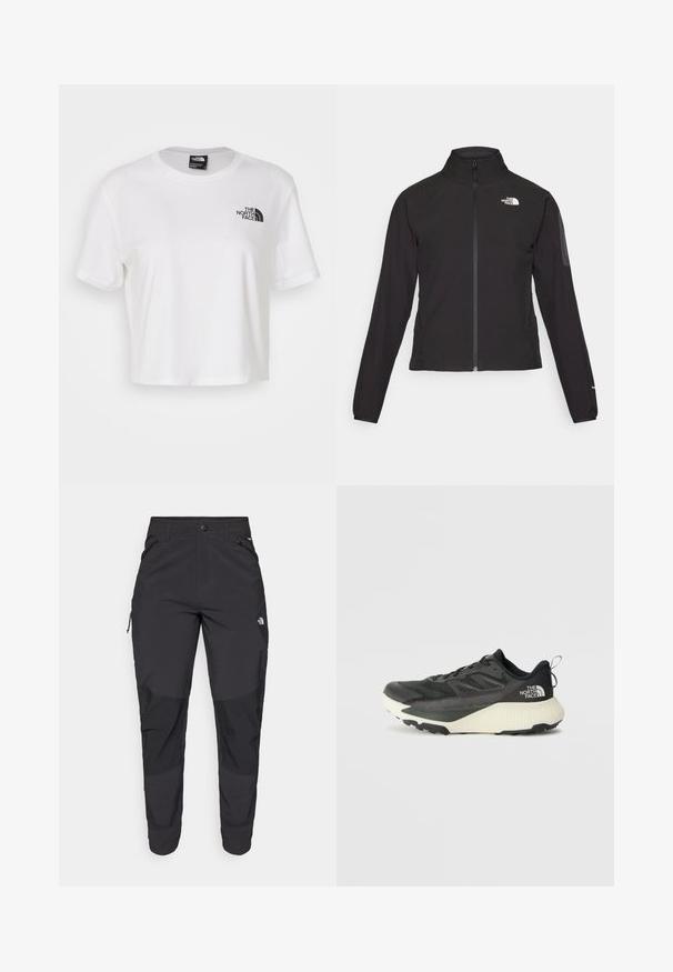 Črna zip-up jakna z visokim ovratnikom, teksturirano blago in logotipom na levem prsnem delu. Ima dolge rokave in prilega se.; Bela skrajšana majica iz bombaža z okroglim izrezom in kratkimi rokavi. Ima črn logotip na levem prsnem delu.; Črne zunanje hlače iz trpežnega materiala. Imajo žepke na zadrgo, ojačane kolenske dele in ravno krojeno zasnovo za prosto gibanje.; Črne atletske čevlje z teksturiranim zgornjim delom, ki imajo sivo obrobo in belo srednjo podplat. Vključujejo zanko za vprego in izstopajočo blagovno znamko na peti.