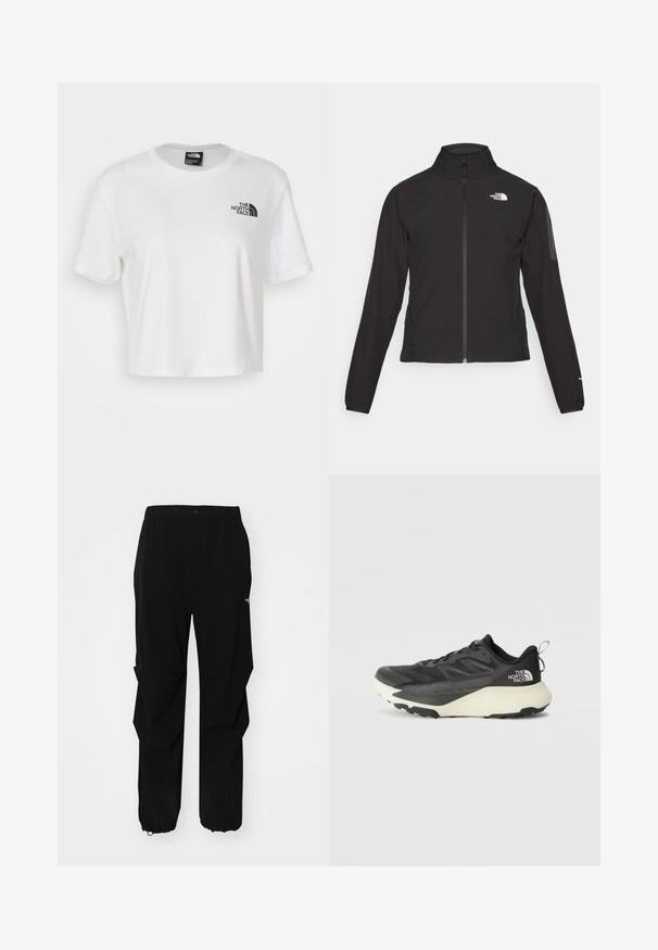 Zwarte zip-up jas met een hoge kraag, textuurstof en een logo op de linker borst. Beschikt over lange mouwen en een slim fit ontwerp.; Witte gekorte t-shirt gemaakt van katoen met een ronde hals en korte mouwen. Heeft een zwart logo op de linkerkant van de borst.; Zwarte outdoorbroek gemaakt van duurzaam materiaal, met een relaxte fit, elastische tailleband en een afgeknipte onderkant voor verstelbare lengte.; Zwarte sportieve schoen met een gestructureerde bovenkant, voorzien van grijze accenten en een witte tussenzool. Inclusief een trekhaak en een opvallend merklogo op de hiel.