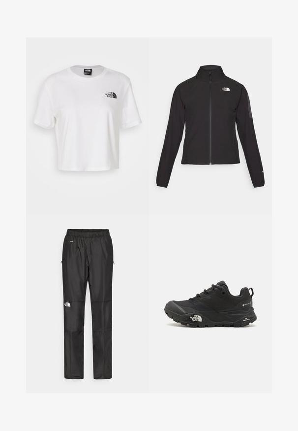 Czarna kurtka zapinana na zamek z wysokim kołnierzem, teksturowana tkanina i logo na lewej piersi. Posiada długie rękawy i dopasowany krój.; Biała krótka koszulka z bawełny z okrągłym dekoltem i krótkimi rękawami. Posiada czarną logo na lewym piersi.; Czarne wodoodporne spodnie wykonane z lekkiego materiału, z elastycznym pasem, bocznymi kieszeniami i logo na lewym nogawce.; Czarne buty trekkingowe z teksturowaną cholewą, sznurowaniem i masywną gumową podeszwą z wyraźnym logo po boku oraz wzorami bieżnika.