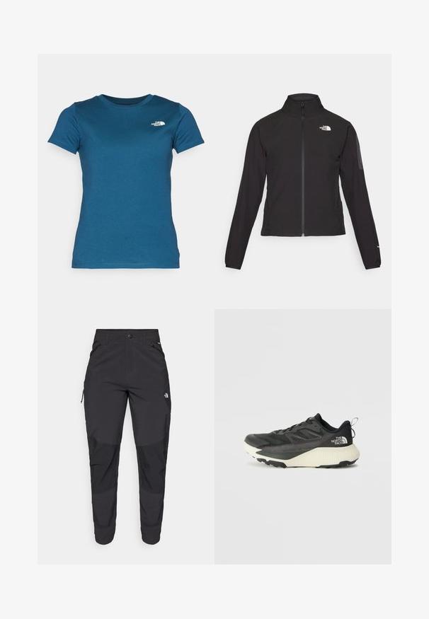 Svart zip-up jacka med hög krage, texturerat tyg och logotyp på vänster bröst. Har långa ärmar och en figursydd design.; The North Face W SS SD SLIM TEE - T-shirt - bas - midnight petrol; Svarta utomhusbyxor gjorda av slitstarkt material. Har fickor med dragkedja, förstärkta knäpaneler och en rak skärning för rörlighet.; Svart atletisk sko med en texturerad ovandel, med grå accenter och en vit mellanläggssula. Inkluderar en dragtab och en framträdande varumärkeslogotyp på hälen.
