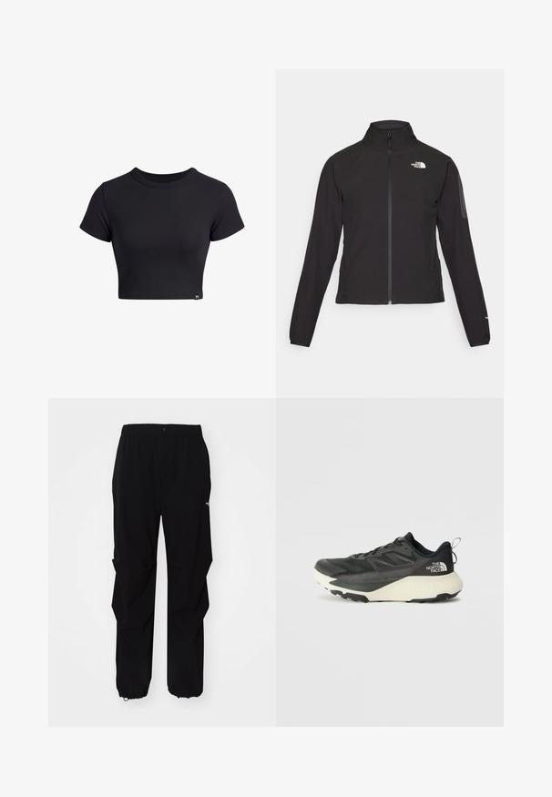 Sort zip-jacket med høj krave, struktureret stof og logo på venstre bryst. Har lange ærmer og en tætsiddende design.; Sort ribbet kortærmet crop top med rund halsudskæring. Har en tætsiddende pasform og et lille logo mærke i nederste venstre hjørne.; Sorte udendørsbukser lavet af slidstærkt materiale, med en afslappet pasform, elastisk talje og tilpassede lukninger ved anklerne for justerbar længde.; Sort atletiksko med en tekstureret overdel, prydet med grå accenter og en hvid mellemsål. Inkluderer en trækslynge og en fremtrædende mærkelogo på hælen.