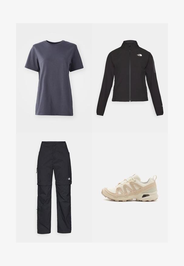 Casaco preto com fecho zip e gola alta, em tecido texturizado, com logo no lado esquerdo do peito. Apresenta mangas longas e um design ajustado.; T-shirt de manga curta em algodão cinza escuro, design de gola redonda, textura suave, barra reta, sem padrões visíveis ou detalhes de hardware.; Calças cargo pretas em nylon com fechos de correr removíveis, punhos ajustáveis, múltiplos bolsos e um logótipo na perna direita. Textura suave e leve.; Sapatilha atlética beige e creme com parte superior em malha texturizada, sobreposições de suporte e sola de borracha com um padrão de cravo para tração.