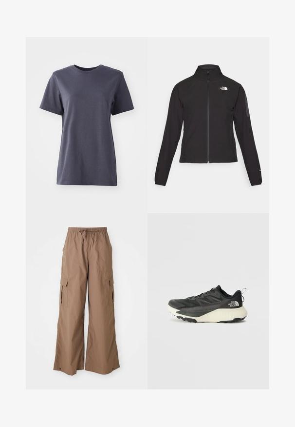 Černá zipová bunda s vysokým límcem, texturovaná tkanina a logo na levé hrudi. Má dlouhé rukávy a přiléhavý design.; T-košile s krátkým rukávem v tmavě šedé bavlně, s klasickým kulatým výstřihem, hladká textura, rovný spodní lem, bez viditelných vzorů nebo kovových detailů.; Hnědé volné cargo kalhoty s elastickým pasem a bočními klopovými kapsami, široký střih, vystavené na bílém pozadí.; Černá sportovní bota s texturovaným svrškem, s šedými akcenty a bílou mezipodešví. Obsahuje poutko a výrazné logo značky na patě.