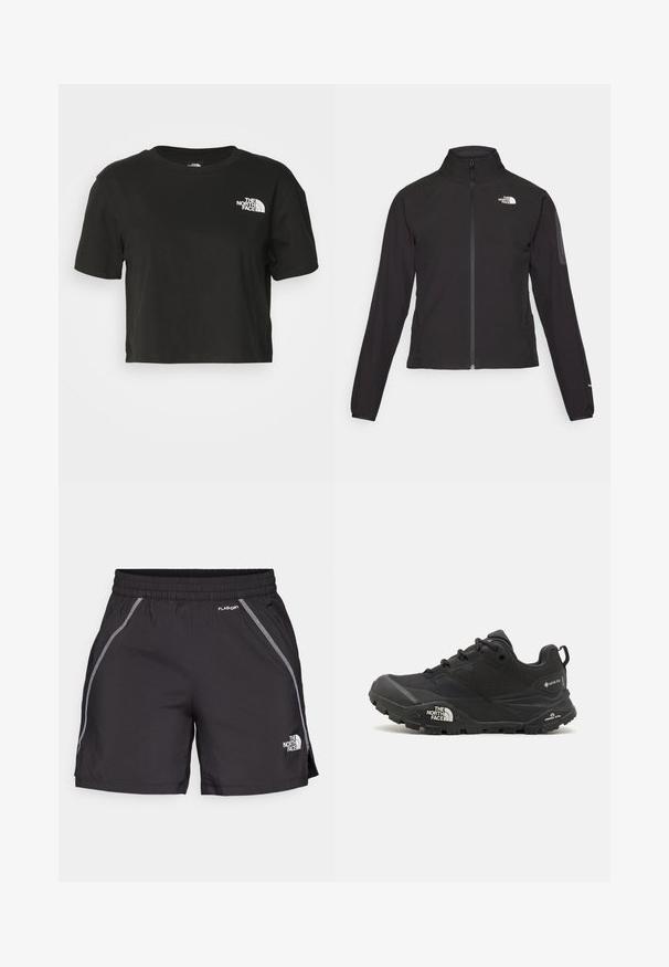 Czarna kurtka zapinana na zamek z wysokim kołnierzem, teksturowana tkanina i logo na lewej piersi. Posiada długie rękawy i dopasowany krój.; Czarna, krótka koszulka z bawełny. Posiada okrągły dekolt i krótkie rękawy, z białym logo na lewej części klatki piersiowej.; Czarne szorty sportowe wykonane z lekkiego materiału mają elastyczny pas, odblaskowe detale oraz logo "The North Face" po lewej stronie.; Czarne buty trekkingowe z teksturowaną cholewą, sznurowaniem i masywną gumową podeszwą z wyraźnym logo po boku oraz wzorami bieżnika.