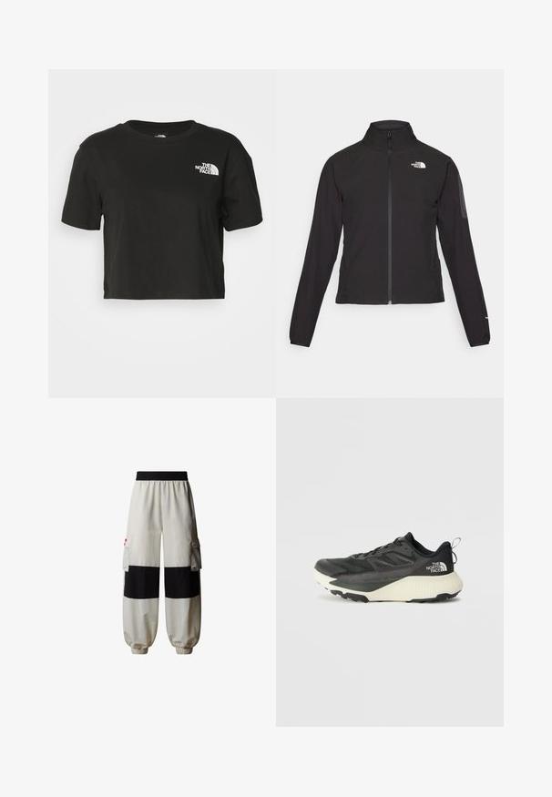 Giacca nera con zip e colletto alto, tessuto testurizzato e logo sul lato sinistro del petto. Presenta maniche lunghe e un design aderente.; T-shirt cropped nera in cotone. Caratterizzata da un colletto rotondo e maniche corte, con un logo bianco sulla parte sinistra del petto.; The North Face HIMALAYAN - Pantaloni cargo - white dune tnf black; Scarpa da ginnastica nera con tomaia testurizzata, con accenti grigi e un sottopiede bianco. Include una linguetta sul retro e un logo del marchio ben visibile sul tallone.