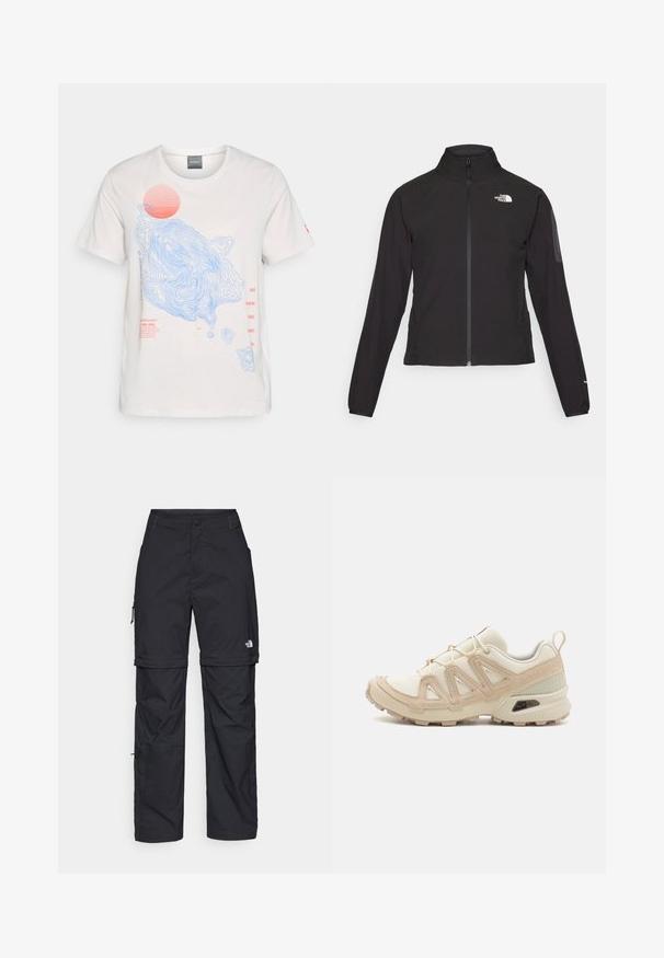 Casaco preto com fecho zip e gola alta, em tecido texturizado, com logo no lado esquerdo do peito. Apresenta mangas longas e um design ajustado.; Camiseta de algodão branca com designs de linhas de contorno azuis e um gráfico de sol vermelho, com detalhes em texto vermelho na frente. Mangas curtas, gola redonda.; Calças cargo pretas em nylon com fechos de correr removíveis, punhos ajustáveis, múltiplos bolsos e um logótipo na perna direita. Textura suave e leve.; Sapatilha atlética beige e creme com parte superior em malha texturizada, sobreposições de suporte e sola de borracha com um padrão de cravo para tração.