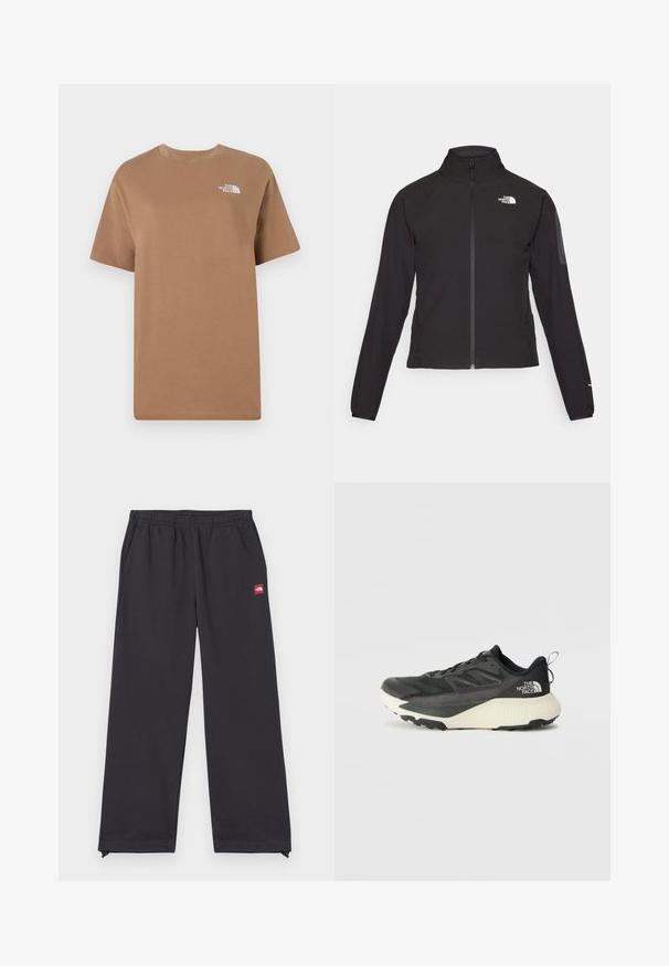 Chaqueta negra con cremallera y cuello alto, de tela texturizada, y logo en el lado izquierdo del pecho. Con mangas largas y un diseño ajustado.; Camiseta de algodón marrón con mangas cortas y cuello redondo. Presenta un pequeño logo blanco en la parte superior izquierda del pecho.; Pantalones deportivos negros de tela suave, con un corte holgado, cinturilla elástica, bolsillos laterales y una pequeña etiqueta de logo roja en la parte frontal.; Zapatilla deportiva negra con parte superior texturizada, que presenta acentos grises y una entresuela blanca. Incluye una lengüeta y un logotipo de la marca destacado en el talón.