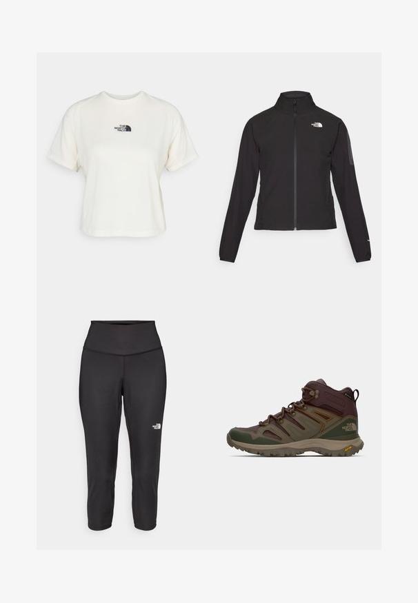 Casaco preto com fecho zip e gola alta, em tecido texturizado, com logo no lado esquerdo do peito. Apresenta mangas longas e um design ajustado.; T-shirt branca cropped feita de tecido macio, com gola redonda e mangas curtas. Logo pequeno em azul escuro centrado no peito.; Leggings capri pretos feitos de um tecido elástico, com uma cintura alta e um pequeno logótipo branco no lado esquerdo. Textura suave.; Bota de caminhada castanha e verde com painéis de malha, sola de borracha e características de suporte. Inclui superfície texturizada e um sistema de cadarços proeminente.