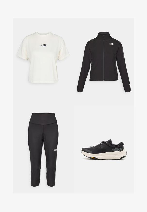 Jachetă neagră cu fermoar și guler înalt, din material texturat, cu logo pe partea stângă a pieptului. Prezintă mâneci lungi și un design ajustat.; Tricou scurt alb, confecționat dintr-un material moale, cu guler rotund și mâneci scurte. Logo mic în albastru închis, centrat pe piept.; Leggings capri negre din material elastic, cu un talie înaltă și un mic logo alb pe partea stângă. Textură netedă.; Pantofi sport negri cu un superior din plasă respirabilă, talpă din cauciuc, mijloc de amortizare albă și șireturi reflective. Logo-ul Vibram pe talpă.