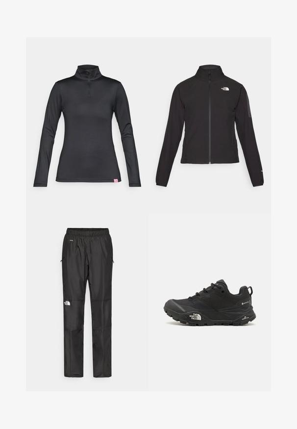 Zwarte zip-up jas met een hoge kraag, textuurstof en een logo op de linker borst. Beschikt over lange mouwen en een slim fit ontwerp.; Zwarte langetermijn top met hoge kraag en een kwart rits. Gemaakt van soepele, rekbare stof met een klein roze logo aan de onderrand.; Zwarte waterdichte broek van lichtgewicht stof, uitgerust met een elastische tailleband, zijzakken en een logo op het linkerpijp.; Zwarte wandelschoen met een gestructureerde bovenkant, vetersluiting en een stevige rubberen zool met een opvallend logo aan de zijkant en profielpatronen.