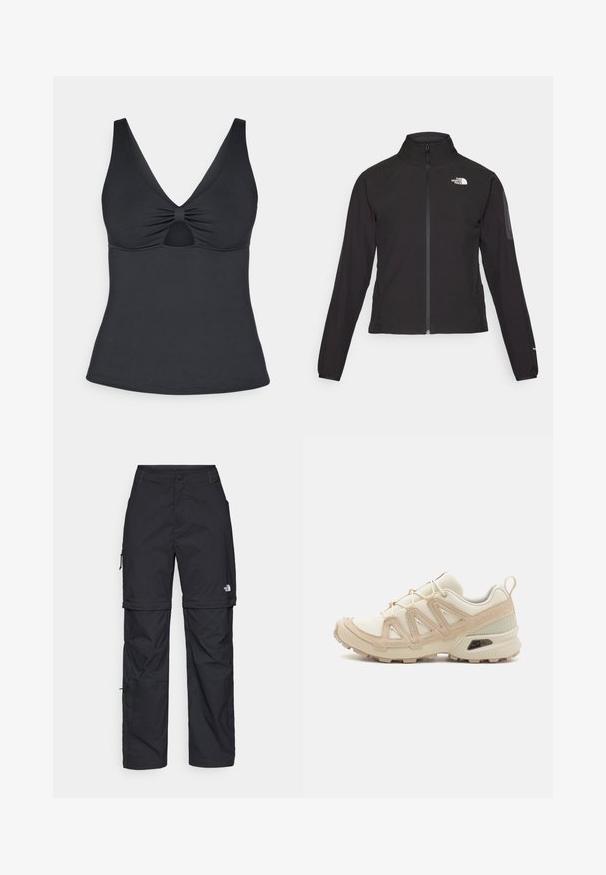 Casaco preto com fecho zip e gola alta, em tecido texturizado, com logo no lado esquerdo do peito. Apresenta mangas longas e um design ajustado.; Top preto sem mangas com um decote V profundo, detalhe franzido ao centro e uma abertura em forma de chave abaixo. Textura suave e design ajustado.; Calças cargo pretas em nylon com fechos de correr removíveis, punhos ajustáveis, múltiplos bolsos e um logótipo na perna direita. Textura suave e leve.; Sapatilha atlética beige e creme com parte superior em malha texturizada, sobreposições de suporte e sola de borracha com um padrão de cravo para tração.