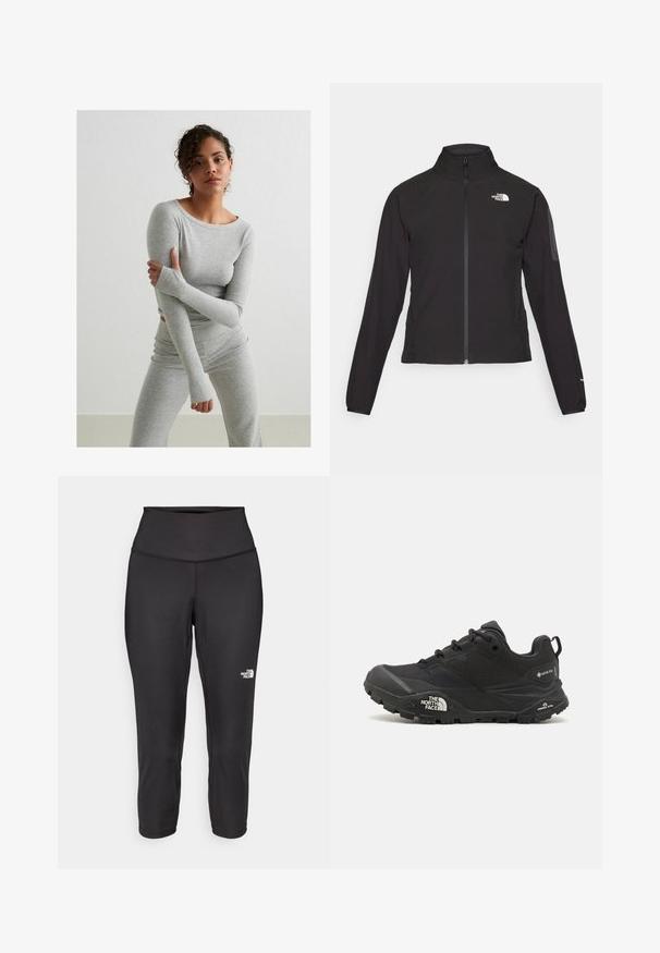 Sort zip-jacket med høj krave, struktureret stof og logo på venstre bryst. Har lange ærmer og en tætsiddende design.; Grå langærmet top og matchende leggings lavet af ribbet tekstil, med tommelhuller og en rund halsudskæring, på en ensfarvet baggrund.; Sorte capri leggings lavet af strækbart stof, med en høj talje og et lille hvidt logo på venstre side. Glat tekstur.; Sort vandresko med en tekstureret overdel, snørebåndslukning og en kraftig gummisål med et fremtrædende logo på siden og mønstrede slidbaner.