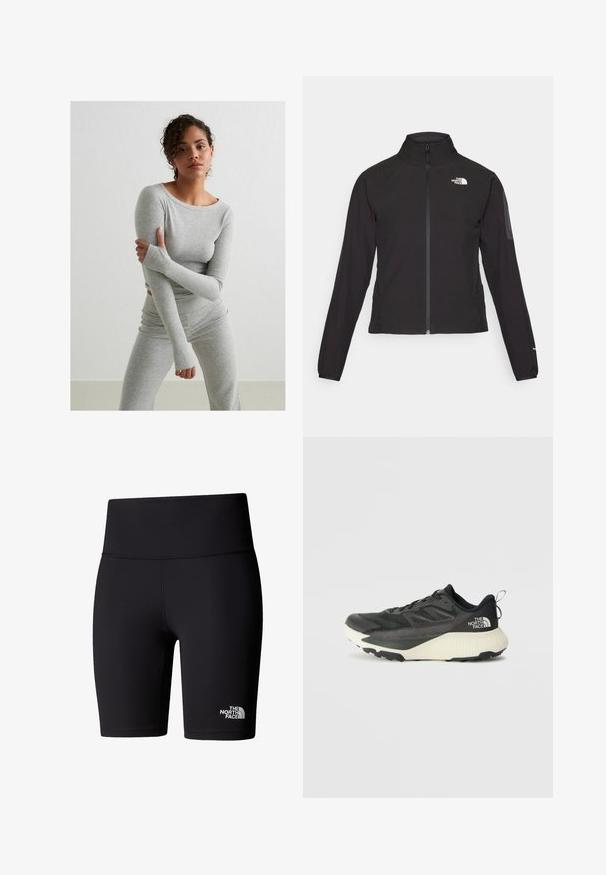 Schwarze Zip-Jacke mit hohem Kragen, strukturiertem Stoff und Logo auf der linken Brust. Verfügt über lange Ärmel und eine taillierte Passform.; Graues Langarmoberteil und passende Leggings aus geripptem Stoff, mit Daumenlöchern und rundem Ausschnitt, auf einem einfarbigen Hintergrund.; Schwarze Radshorts aus dehnbarem Material mit hohem Bund, versehen mit einem weißen Logo am unteren linken Bein. Glatte Textur.; Schwarzer Sportschuh mit strukturiertem Obermaterial, ausgestattet mit grauen Akzenten und einer weißen Zwischensohle. Enthält eine Zuglasche und ein markantes Markenlogo an der Ferse.