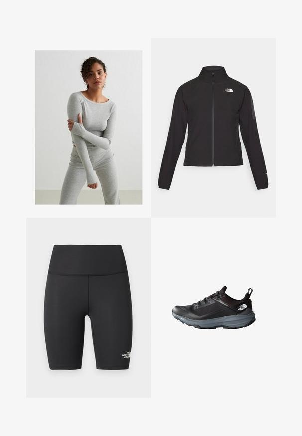 Schwarze Zip-Jacke mit hohem Kragen, strukturiertem Stoff und Logo auf der linken Brust. Verfügt über lange Ärmel und eine taillierte Passform.; Graues Langarmoberteil und passende Leggings aus geripptem Stoff, mit Daumenlöchern und rundem Ausschnitt, auf einem einfarbigen Hintergrund.; Schwarze, hochgeschnittene, sportliche Biker-Shorts mit flachen Nähten und The North Face-Logo am unteren linken Bein.; Schwarzer Laufschuh mit strukturiertem Obermaterial, gepolstertem Kragen und grauem Zwischensohlenteil. Verfügt über Schnürsenkel, Logo und eine strapazierfähige, profiliierte Laufsohle.