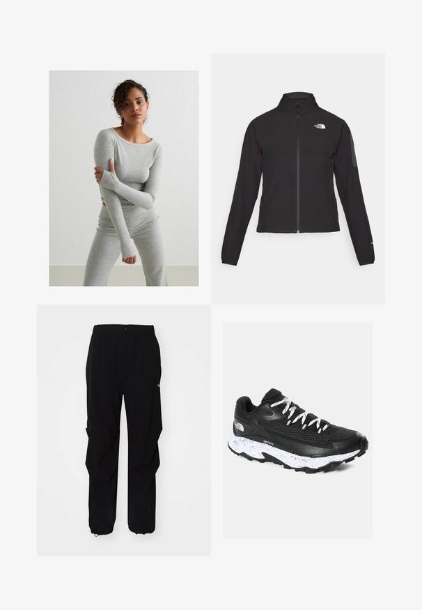 Schwarze Zip-Jacke mit hohem Kragen, strukturiertem Stoff und Logo auf der linken Brust. Verfügt über lange Ärmel und eine taillierte Passform.; Graues Langarmoberteil und passende Leggings aus geripptem Stoff, mit Daumenlöchern und rundem Ausschnitt, auf einem einfarbigen Hintergrund.; Schwarze Outdoor-Hosen aus langlebigem Material, mit lockerer Passform, elastischem Bund und verstellbaren Bündchen für variable Längen.; Schwarzer Sportschuh mit Mesh-Obermaterial und strukturiertem Design. Verfügt über eine weiß gesprenkelte Zwischensohle, eine dicke schwarze Außensohle und reflektierende Schnürsenkel.