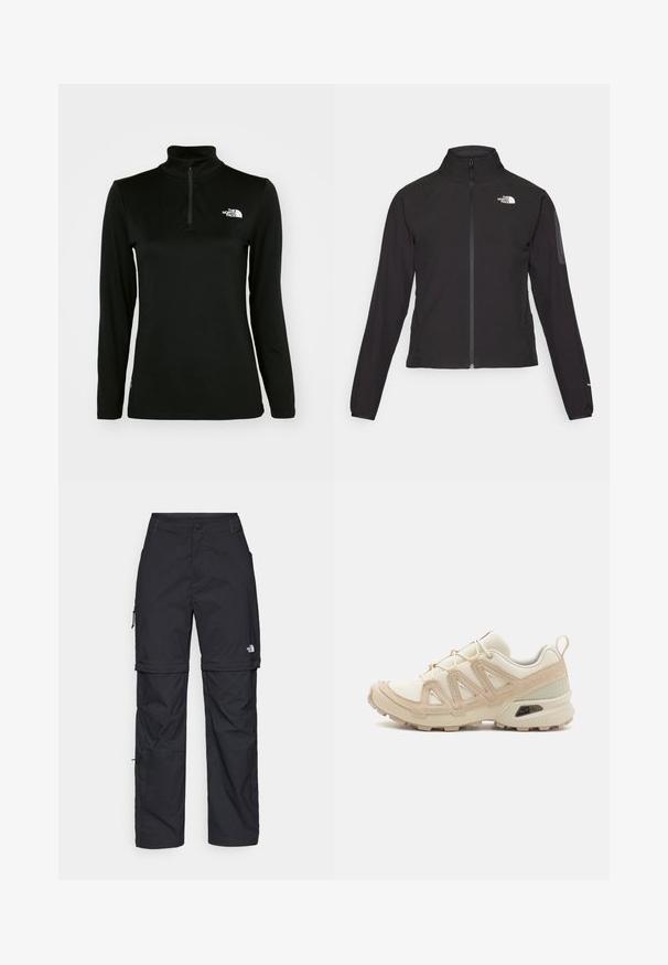 Mustmustabiga must jakk, millel on kõrge krae, tekstureeritud kangas ja logo vasakul rinnal. Omab pikki varrukaid ja sobivat disaini.; Must mustaga pikkade varrukatega pullover kõrge kaelusega ja veerandzipiga, valmistatud siledast kangast, sel vasakul rinnal on valge logo.; Mustad nailonist valmistatud eemaldatavad cargo-püksid, reguleeritavate pahkluudega, mitmete taskutega ja paremal jalal logoga. Sile, kerge tekstuur.; Beež ja koobalti spordijalats tekstureeritud võrkkattega, toetavad ülemised kihid ja kummist tallaga, millel on mustriga joonistus haardeks.