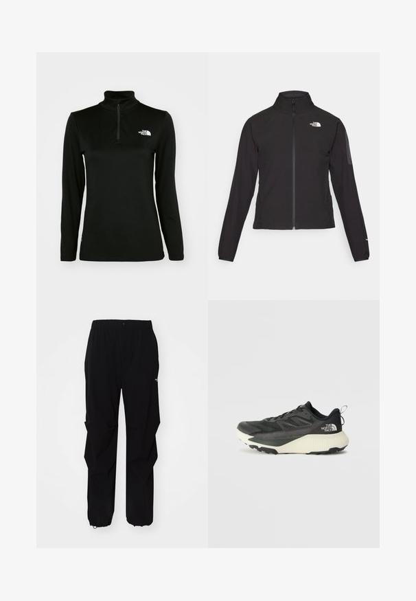 Mustmustabiga must jakk, millel on kõrge krae, tekstureeritud kangas ja logo vasakul rinnal. Omab pikki varrukaid ja sobivat disaini.; Must mustaga pikkade varrukatega pullover kõrge kaelusega ja veerandzipiga, valmistatud siledast kangast, sel vasakul rinnal on valge logo.; Mustad must outdoor püksid, valmistatud vastupidavast materjalist, millel on mugav lõige, elastne vöökoht ja reguleeritavad varrukaotsad.; Musty mustusjalats musta pealisega, millel on tekstuur, hallid aktsendid ja valge vaheosa. Sisaldab tõmbeosa ning silmapaistvat brändi logo kandadel.