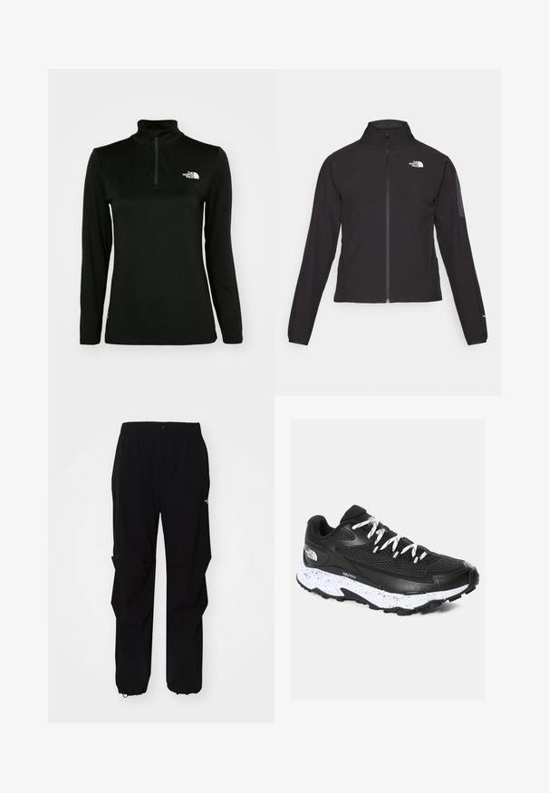 Zwarte zip-up jas met een hoge kraag, textuurstof en een logo op de linker borst. Beschikt over lange mouwen en een slim fit ontwerp.; Zwarte langemouwen pullover met hoge kraag en kwart-rits, gemaakt van een gladde stof, met een wit logo op de linkerborst.; Zwarte outdoorbroek gemaakt van duurzaam materiaal, met een relaxte fit, elastische tailleband en een afgeknipte onderkant voor verstelbare lengte.; Zwarte sport sneaker met een bovenwerk van mesh en een getextureerd ontwerp. Voorzien van een wit gezette middenzool, dikke zwarte buitenzool en reflecterende veters.