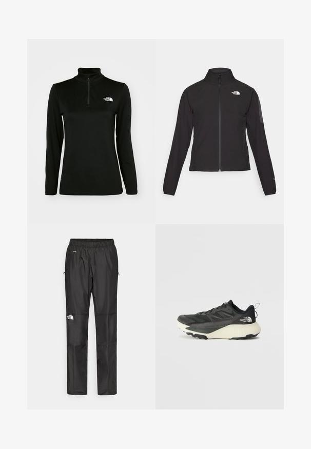 Mustat vetoketjullinen takki, jossa on korkea kaulus, teksturoitu kangas ja logo vasemmassa rinnassa. Ominaisuuksiin kuuluvat pitkät hihat ja slim fit -muotoilu.; Mustat pitkät hihat -pusero korkealla kauluksella ja neljännesvetoketjulla, valmistettu sileästä kankaasta, jossa on valkoinen logo vasemmassa rintataskussa.; Mustat vettä hylkivät housut kevyestä kankaasta, joissa on joustava vyötärö, sivutaskut ja logo vasemmassa lahkeessa.; Musta urheilukengä, jossa on teksturoitu päällinen, harmaita yksityiskohtia ja valkoinen välipohja. Sisältää vetotagin ja näkyvän tuotemerkin logon kantapäässä.