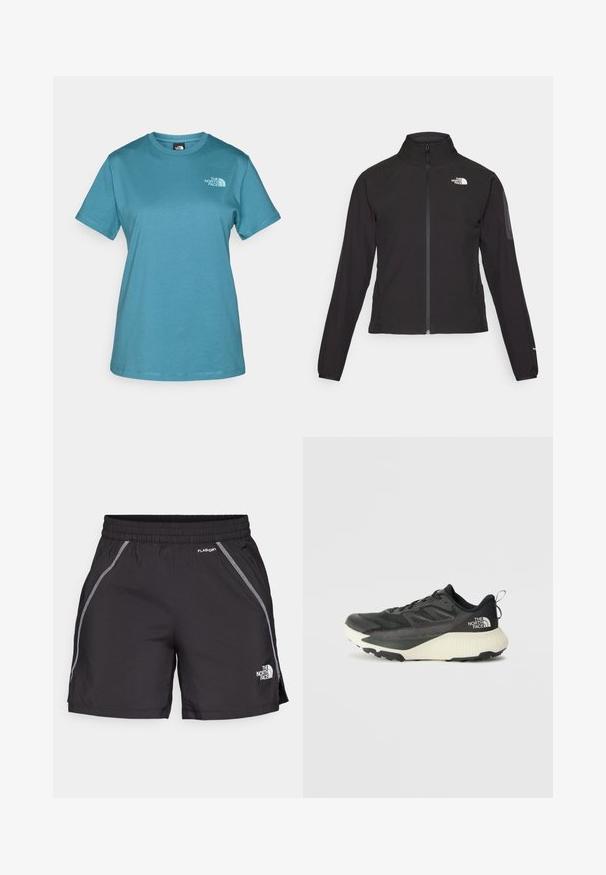 Giacca nera con zip e colletto alto, tessuto testurizzato e logo sul lato sinistro del petto. Presenta maniche lunghe e un design aderente.; T-shirt a maniche corte color teal in cotone, con scollo a giro e un piccolo logo stampato in bianco sul lato sinistro del petto.; Shorts sportivi neri realizzati in materiale leggero, con una vita elastica, dettagli riflettenti e il logo "The North Face" sul lato sinistro.; Scarpa da ginnastica nera con tomaia testurizzata, con accenti grigi e un sottopiede bianco. Include una linguetta sul retro e un logo del marchio ben visibile sul tallone.