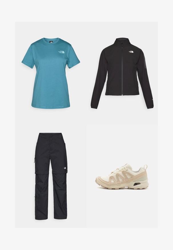 Chaqueta negra con cremallera y cuello alto, de tela texturizada, y logo en el lado izquierdo del pecho. Con mangas largas y un diseño ajustado.; Camiseta de manga corta en color verde azulado, fabricada en algodón, con un escote redondo y un pequeño logo impreso en blanco en el lado izquierdo del pecho.; Pantalones cargo de nailon negro con cremallera desmontable, puños ajustables, múltiples bolsillos y un logotipo en la pierna derecha. Textura suave y ligera.; Zapatilla deportiva beige y crema con parte superior de malla texturizada, superposiciones de soporte y suela de goma con un patrón de tracción.