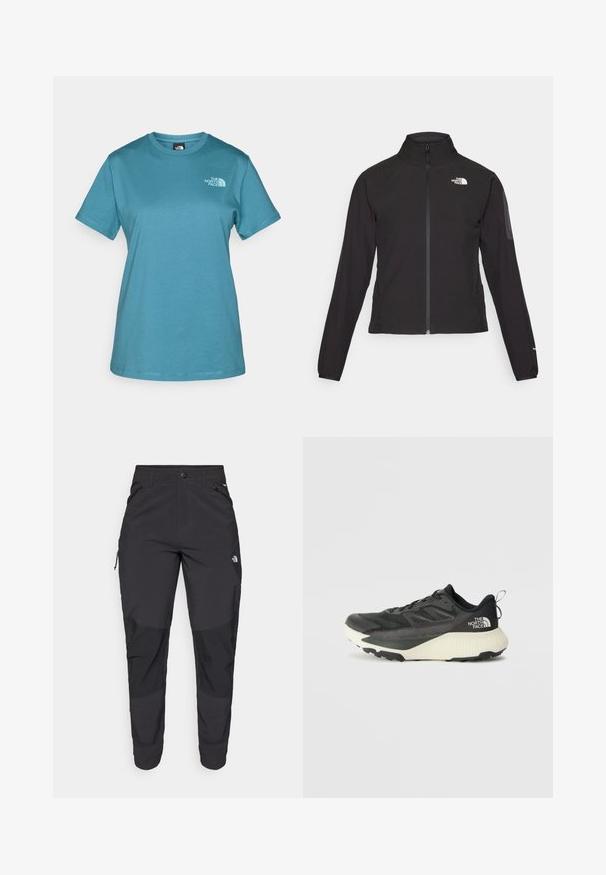 Juodas zip-up švarkas su aukšta apykakle, tekstūruotu audiniu ir logotipu kairėje krūtinės pusėje. Pasižymi ilgu rankovėmis ir prigludusia forma.; Žalios spalvos trumpomis rankovėmis marškinėliai, pagaminti iš medvilnės, su apvaliu iškirpimu ir mažuoju baltu logotipu ant kairiojo krūtinės šono.; Juodos lauko kelnės, pagamintos iš patvarios medžiagos. Turi užtraukiamas kišenes, sustiprintus kelio plotus ir tiesią konstrukciją, leidžiančią laisvai judėti.; Juodas sportinis batas su tekstūruota viršutine dalimi, su pilkomis detalėmis ir baltu viduriu. Apima pakėlimo juostelę ir ryškų prekės ženklo logotipą ant kulno.