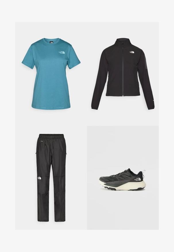 Veste noire zippée avec un col haut, tissu texturé et logo sur la poitrine gauche. Elle possède des manches longues et une coupe ajustée.; T-shirt teal à manches courtes en coton, avec un col rond et un petit logo imprimé en blanc sur la poitrine gauche.; Pantalons noirs imperméables en tissu léger, dotés d'une taille élastique, de poches latérales et d'un logo sur la jambe gauche.; Chaussure de sport noire avec une tige texturée, dotée d'accents gris et d'une semelle intermédiaire blanche. Comprend une languette et un logo de marque bien visible à l'arrière.