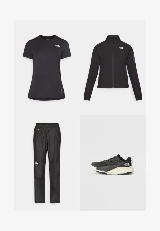 Svart zip-up jakke med høy krage, teksturert stoff, og logo på venstre bryst. Har lange ermer og en tettsittende design.; Svart trenings t-skjorte laget av lett, pustende stoff. Har korte ermer og rund hals. Logoen er vist på brystet.; Sorte vanntette bukser laget av lettvektig stoff, med elastisk midjebånd, sidelommer og en logo på venstre ben.; Svart treningssko med teksturert overdel, med grå detaljer og hvit såle. Har en pull tab og fremtredende merkevarelogo på hælen.