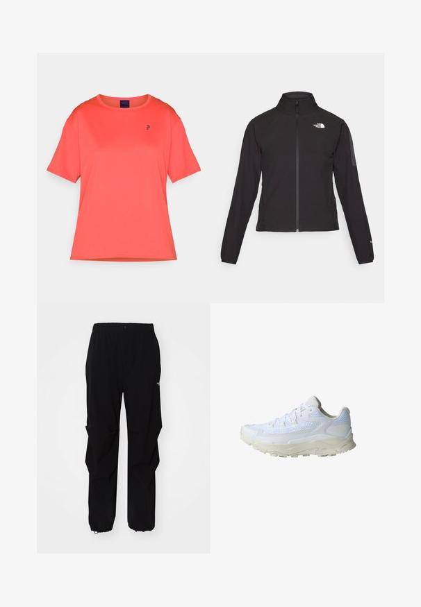 Melna ar rāvējslēdzēju aizdara jaka ar augstu apkakli, teksturētu audumu un logotipu kreisajā krūtī. Satur garas piedurknes un pieguļošu dizainu.; Koraļļu īsām piedurknēm T-krekls, izgatavots no gludas auduma. Apaļa kakla izgriezums, pie krūtīm ir neliels melns logs. Nedaudz brīvs piegriezums.; Melnas āra bikses, kas izgatavotas no izturīga materiāla, ar brīvu piegriezumu, elastīgu jostu un savilktiem rāvējslēdzējiem, lai pielāgotu garumu.; Baltas sporta apavi ar tīkla un sintētisko augšdaļu, strukturētu zoli, noapaļotu purngalu un plakanām šņorēm. Iekļauj gaiši pelēkus akcentus un zīmolu.