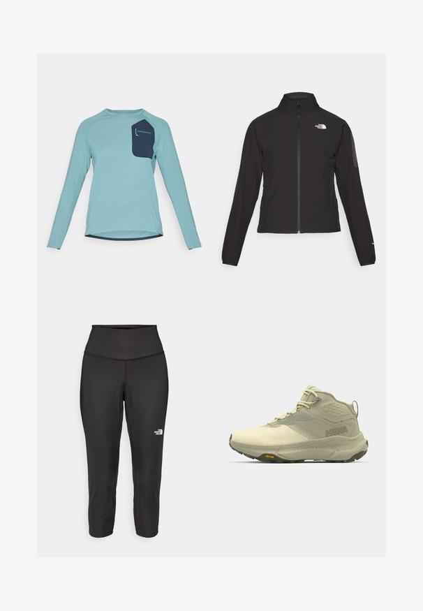 Svart zip-up jacka med hög krage, texturerat tyg och logotyp på vänster bröst. Har långa ärmar och en figursydd design.; Långärmad skjorta i lättblått strukturerat tyg. Har en marinblå ficka med varumärkeslogotyp. Rund halsringning och design med rundad nederkant.; Svarta capri leggings tillverkade av stretchigt tyg, med hög midja och en liten vit logotyp på vänster sida. Slät yta.; Hoka vandringskänga i ljusbeige, med en strukturerad ovandel, snörning och Vibram-sula. Distinkt sidologga och stödjande design.