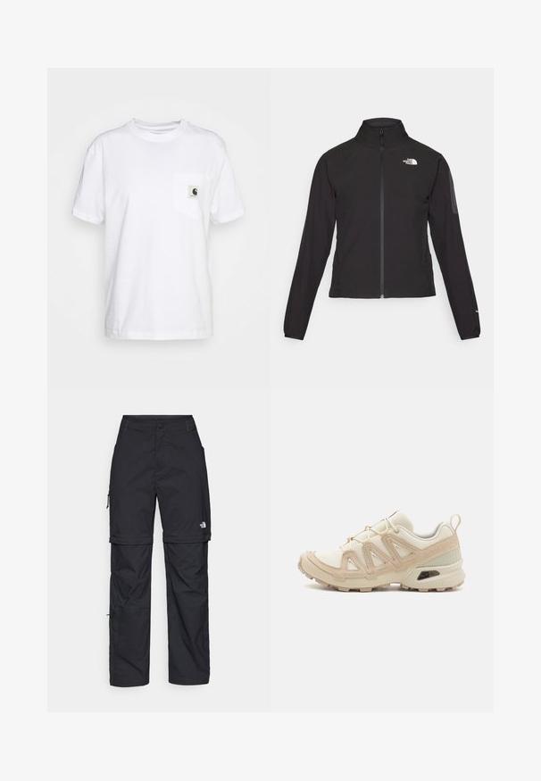 Black zip-up jacket with a high collar, textured fabric, and logo on the left chest. Features long sleeves and a fitted design.; White cotton t-shirt with short sleeves, round neck, and a left chest pocket featuring a black and white logo label.; Black nylon zip-off cargo trousers with adjustable cuffs, multiple pockets, and a logo on the right leg. Smooth, lightweight texture.; Beige and cream athletic shoe with textured mesh upper, supportive overlays, and rubber outsole featuring a tread pattern for traction.