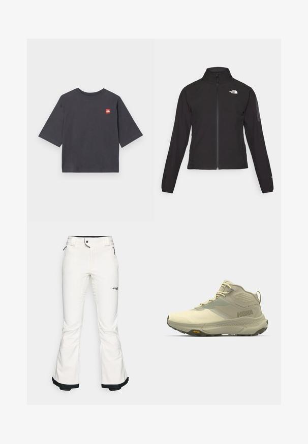 Casaco preto com fecho zip e gola alta, em tecido texturizado, com logo no lado esquerdo do peito. Apresenta mangas longas e um design ajustado.; T-shirt de manga curta, cinza escuro, feito de algodão. Apresenta um patch de logótipo vermelho em forma de quadrado na área do peito esquerdo. Corte regular com decote redondo.; Calças de esqui brancas feitas de um material suave e flexível. Apresenta uma cintura ajustada, pernas largas e evasê, e um acabamento preto nas bainhas. Logotipo da marca visível.; Bota de caminhada Hoka em bege claro, com um upper texturizado, fecho de atacadores e sola Vibram. Logótipo lateral distintivo e design de suporte.