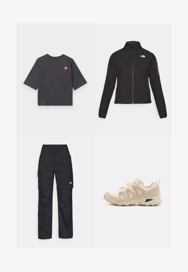 Mustmustabiga must jakk, millel on kõrge krae, tekstureeritud kangas ja logo vasakul rinnal. Omab pikki varrukaid ja sobivat disaini.; Lühiadeelsed, tumesinised puuvillased T-särgid. Esiküljel on vasakul rinnal ruudukujuline punane logo silt. Regulaarne lõige, ümar kaelus.; Mustad nailonist valmistatud eemaldatavad cargo-püksid, reguleeritavate pahkluudega, mitmete taskutega ja paremal jalal logoga. Sile, kerge tekstuur.; Beež ja koobalti spordijalats tekstureeritud võrkkattega, toetavad ülemised kihid ja kummist tallaga, millel on mustriga joonistus haardeks.