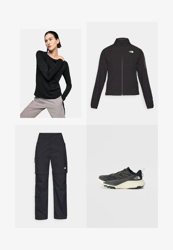 Zwarte zip-up jas met een hoge kraag, textuurstof en een logo op de linker borst. Beschikt over lange mouwen en een slim fit ontwerp.; Zwarte blouse met lange mouwen in zachte stof, met een ronde halslijn en een getailleerde pasvorm, gecombineerd met lichtgrijze broeken.; Zwarte nylon cargo broek met afneembare pijpen, verstelbare manchetten, meerdere zakken en een logo op het rechterbeen. Gladde, lichte textuur.; Zwarte sportieve schoen met een gestructureerde bovenkant, voorzien van grijze accenten en een witte tussenzool. Inclusief een trekhaak en een opvallend merklogo op de hiel.