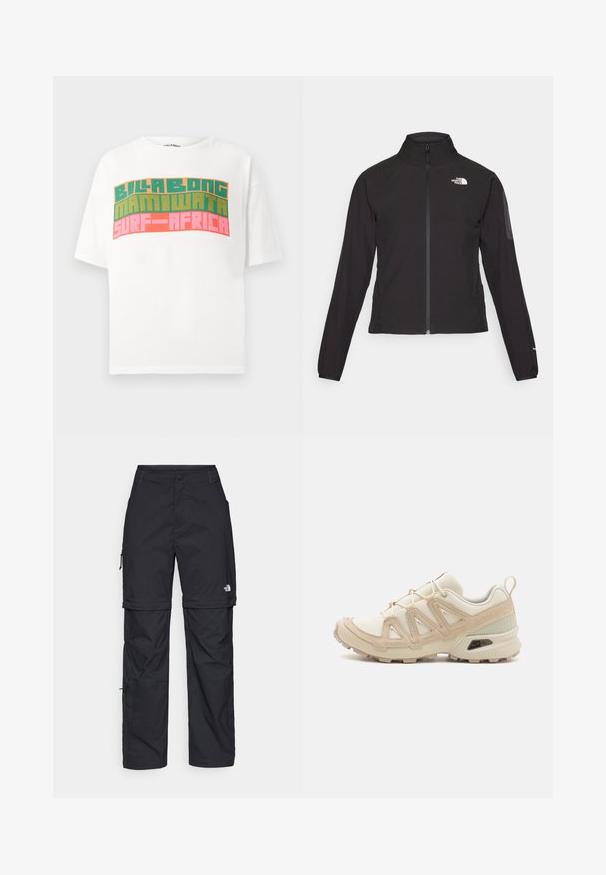Casaco preto com fecho zip e gola alta, em tecido texturizado, com logo no lado esquerdo do peito. Apresenta mangas longas e um design ajustado.; T-shirt branca de manga curta com texto retro em bloco a dizer "BILLABONG MAMIWATA SURF AFRICA" em laranja, verde e rosa.; Calças cargo pretas em nylon com fechos de correr removíveis, punhos ajustáveis, múltiplos bolsos e um logótipo na perna direita. Textura suave e leve.; Sapatilha atlética beige e creme com parte superior em malha texturizada, sobreposições de suporte e sola de borracha com um padrão de cravo para tração.
