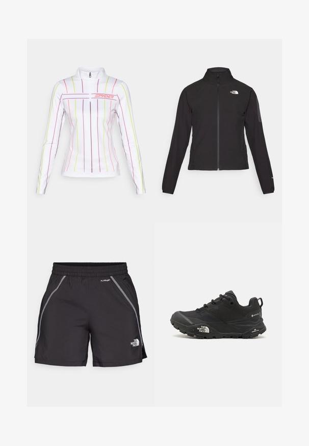 Black zip-up jacket with a high collar, textured fabric, and logo on the left chest. Features long sleeves and a fitted design.; White long-sleeve athletic top with a half-zip, featuring vertical multi-colored stripes in pink, purple, and neon yellow.; Black athletic shorts made from lightweight material feature an elastic waistband, reflective detailing, and the logo "The North Face" on the left side.; Black hiking shoe with a textured upper, lace closure, and a chunky rubber sole featuring a prominent logo on the side and tread patterns.