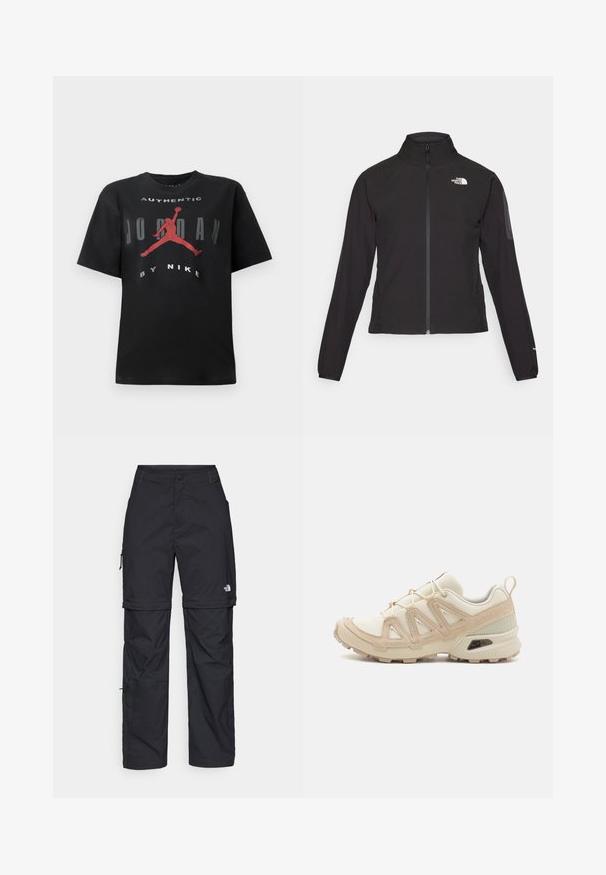 Černá zipová bunda s vysokým límcem, texturovaná tkanina a logo na levé hrudi. Má dlouhé rukávy a přiléhavý design.; Černé bavlněné tričko s krátkým rukávem, kulatým výstřihem a grafickým potiskem s červenou siluetou a textem „AUTENTICKÝ JORDAN OD NIKE.“; Černé nylonové cargo kalhoty na zip s nastavitelnými manžetami, několika kapsami a logem na pravé noze. Hladká, lehká textura.; Béžová a krémová sportovní obuv s texturovaným síťovaným svrškem, podpůrnými překryvy a gumovou podrážkou s dezénem pro lepší přilnavost.