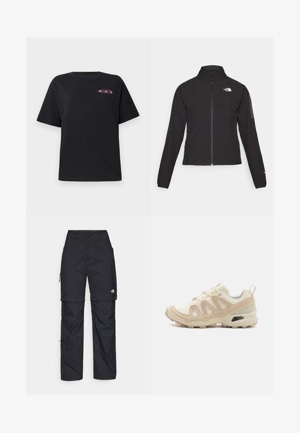 Jachetă neagră cu fermoar și guler înalt, din material texturat, cu logo pe partea stângă a pieptului. Prezintă mâneci lungi și un design ajustat.; Tricou din bumbac negru cu o croială lejeră, guler rotund, mâneci scurte și un logo colorat brodat pe partea stângă a pieptului.; Pantaloni cargo din nylon negru, cu fermoar detașabil, manșete ajustabile, multiple buzunare și un logo pe piciorul drept. Textură netedă și ușoară.; Pantofii sport bej și crem au un superior din plasă texturată, suprapuneri de susținere și o talpă din cauciuc cu un model de profil pentru aderență.