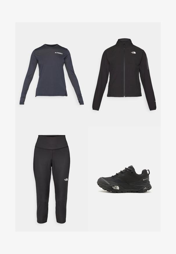 Black zip-up jacket with a high collar, textured fabric, and logo on the left chest. Features long sleeves and a fitted design.; Long-sleeve navy performance shirt with a crew neckline, featuring a white "Terrex" logo and textured mesh side panels.; Black capri leggings made from stretchy fabric, featuring a high waistband and a small white logo on the left side. Smooth texture.; Black hiking shoe with a textured upper, lace closure, and a chunky rubber sole featuring a prominent logo on the side and tread patterns.