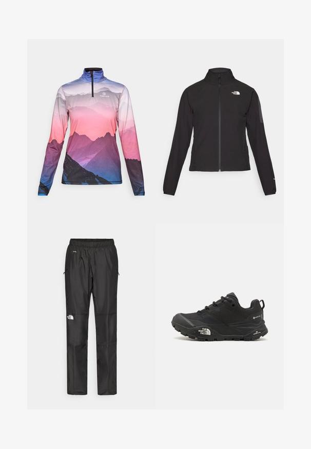 Black zip-up jacket with a high collar, textured fabric, and logo on the left chest. Features long sleeves and a fitted design.; Long-sleeve zip-up top with mountain landscape print in purple, pink, and blue hues, featuring "FIRE+ICE" logo on chest.; Black waterproof pants made from lightweight fabric, featuring an elastic waistband, side pockets, and a logo on the left leg.; Black hiking shoe with a textured upper, lace closure, and a chunky rubber sole featuring a prominent logo on the side and tread patterns.