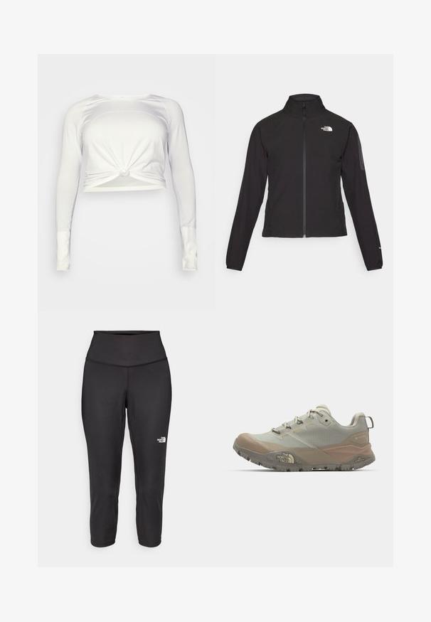 Černá zipová bunda s vysokým límcem, texturovaná tkanina a logo na levé hrudi. Má dlouhé rukávy a přiléhavý design.; lululemon SWIFTLY TECH LONG SLEEVE - Top s dlouhým rukávem - white/white; Černé capri legíny vyrobené z elastického materiálu, s vysokým pasem a malým bílým logem na levé straně. Hladká textura.; Světle šedá sportovní bota s béžovými akcenty, vyrobená z syntetického materiálu. Obsahuje robustní podrážku, šněrovací design a značku na boku.