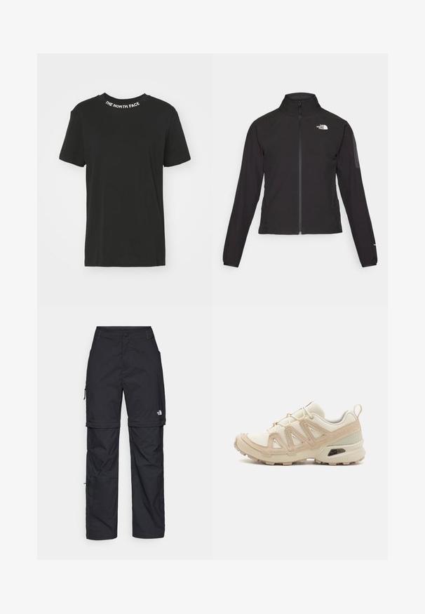 Fekete, cipzáros dzseki magas gallérral, texturált anyagból, bal mellen logóval. Hosszú ujjak és testhezálló fazon jellemzi.; Fekete pamut póló kerek nyakkal. A gallérján fehér "THE NORTH FACE" logó található. Rövid ujjú és egyenes szegésű.; Fekete nylon zipzáras cargo nadrág állítható mandzsettával, több zsebbel és logóval a jobb lábon. Simább, könnyű textúra.; Beige és krém színű sportcipő, texturált hálós felsőrésszel, támogató burkolattal és gumitalppal, amely tapadás érdekében bordázott mintázattal rendelkezik.