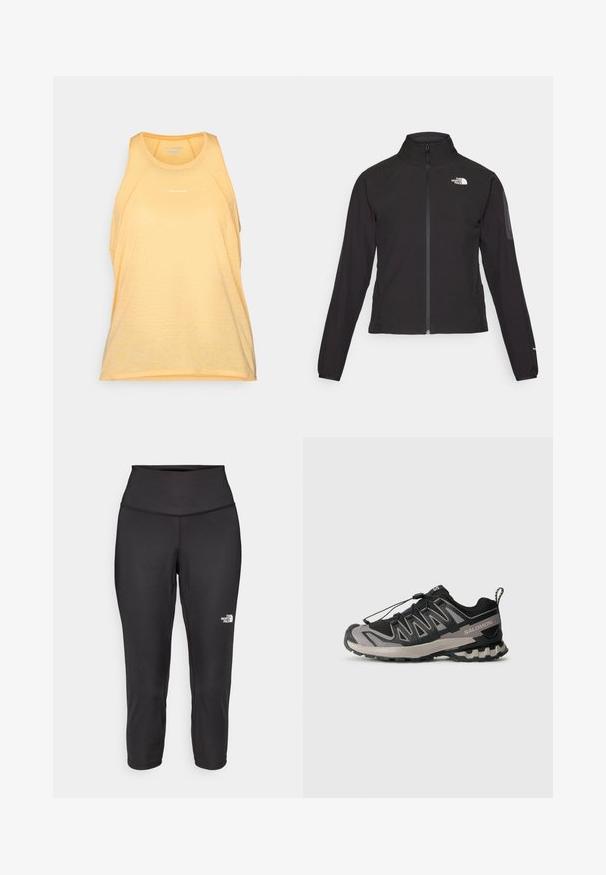 Casaco preto com fecho zip e gola alta, em tecido texturizado, com logo no lado esquerdo do peito. Apresenta mangas longas e um design ajustado.; Camisola amarela de desporto feita de tecido respirável. Apresenta um decote redondo, design sem mangas e uma textura subtil. Logótipo da marca exibido.; Leggings capri pretos feitos de um tecido elástico, com uma cintura alta e um pequeno logótipo branco no lado esquerdo. Textura suave.; Sapatilha desportiva em preto e cinza com parte superior em malha, sola em borracha e sistema de atacadores elásticos. Apresenta uma biqueira reforçada e detalhes texturizados.